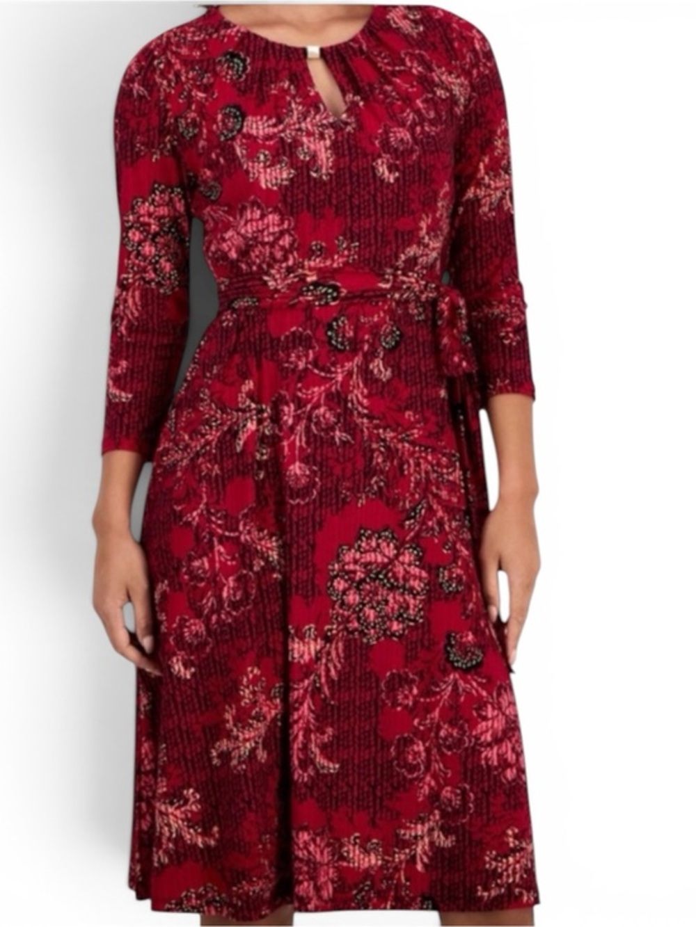 Kasper Red/Black Multi Printed 3/4 Sleeve&  Tie-Waist Midi Dress Size 16 & 10